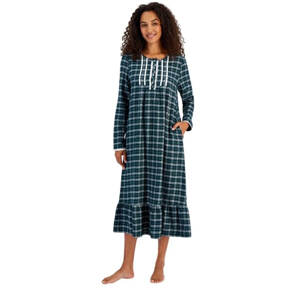 NWT Charter Club Womens Long Sleeve Plaid Flannel Nightgown Plaid Green L